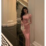 Stetnode Sexy Sheath Square Neckline Pink Prom Dresses Slit Birthday Outfits Evening Gown SD1021