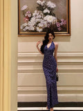 Stetnode Sexy Sheath V Neckline Floral Blue Prom Dresses Birthday Outfits Evening Gown SD1028