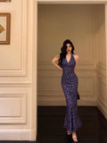 Stetnode Sexy Sheath V Neckline Floral Blue Prom Dresses Birthday Outfits Evening Gown SD1028