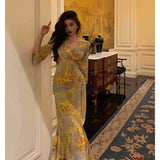 Stetnode Sexy Sheath V Neckline Floral Yellow Slit Prom Dresses Birthday Outfits Evening Gown SD1034