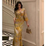 Stetnode Sexy Sheath V Neckline Floral Yellow Slit Prom Dresses Birthday Outfits Evening Gown SD1034