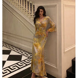 Stetnode Sexy Sheath V Neckline Floral Yellow Slit Prom Dresses Birthday Outfits Evening Gown SD1034