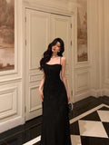 Stetnode French A line Spaghetti Straps Black Long Lace Prom Dresses Birthday Outfits Evening Gown SD789