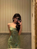 Stetnode Stunning Sheath Spaghetti Straps Green Satin Date Night Dress Prom Dresses Birthday Outfit SD797