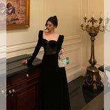 Stetnode Pretty A Line Square Neckline Long Sleeves Black Velvet Prom Dresses Birthday Outfits Evening Gown SD804