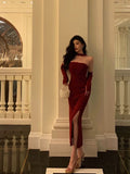 Stetnode Gorgeous Sheath Strapless Burgundy Date Night Dress Tulle Prom Dresses With Gloves Party Dress Birthday Outfits SD813