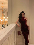 Stetnode Gorgeous Sheath Halter Burgundy Date Night Dress Velvet Prom Dresses Party Dress Birthday Outfits SD814