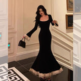 Stetnode Pretty Mermaid Square Neckline Black Prom Dresses Birthday Outfits Evening Gown SD816