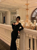 Stetnode Classy Mermaid Square Neckline Long Sleeves Black Velvet Prom Dresses Birthday Outfits SD836