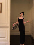 Stetnode Classy Sheath Square Neckline Sleeveless Black Slit Prom Dresses Birthday Outfits SD837