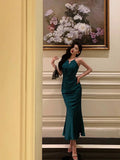 Stetnode Classy Sheath Halter Sleeveless Green Silk Satin Prom Dresses Birthday Outfits SD843