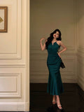 Stetnode Classy Sheath Halter Sleeveless Green Silk Satin Prom Dresses Birthday Outfits SD843