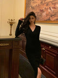 Stetnode Sexy Sheath V Neckline Long Sleeves Black Slit Prom Dresses Birthday Outfits SD844