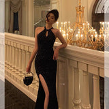 Stetnode Classy Sheath Halter Sleeveless Black Sequin Prom Dresses Birthday Outfits SD846