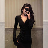 Stetnode Classy Sheath V Neckline Long Sleeves Black Prom Dresses Birthday Outfits SD849