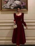 Stetnode Stunning A line Square Neckline Long Sleeves Red Velvet Date Night Dress Prom Dresses Birthday Party Outfit SD872