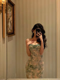 Stetnode Classy Sheath Spaghetti Straps Green Floral Lace Prom Dresses Birthday Outfits Evening Gown SD875