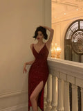 Stetnode Classy Sheath Spaghetti Straps Red Sequin Prom Dresses Birthday Outfits Evening Gown SD889