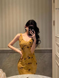 Stetnode Pretty Sheath V Neckline Yellow Floral Date Night Dress Prom Dresses Birthday Party Outfit SD890