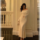 Stetnode Classy Mermaid Off The Shoulder White Ruffles Long Sleeves Prom Dresses Birthday Outfits Evening Gown SD891