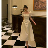 Stetnode Classy French A line Short Sleeves Ivory Satin Prom Dresses Birthday Outfits Evening Gown SD896