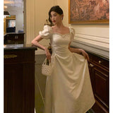 Stetnode Classy French A line Short Sleeves Ivory Satin Prom Dresses Birthday Outfits Evening Gown SD896