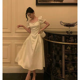 Stetnode Classy French A line Short Sleeves Ivory Satin Prom Dresses Birthday Outfits Evening Gown SD896