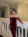 Stetnode Classy Sheath Halter Neckline Burgundy Velvet Prom Dresses Birthday Outfits Evening Gown SD898