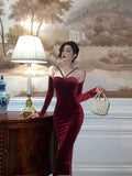 Stetnode Classy Sheath Halter Neckline Burgundy Velvet Prom Dresses Birthday Outfits Evening Gown SD898