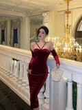 Stetnode Classy Sheath Halter Neckline Burgundy Velvet Prom Dresses Birthday Outfits Evening Gown SD898