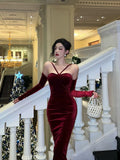 Stetnode Classy Sheath Halter Neckline Burgundy Velvet Prom Dresses Birthday Outfits Evening Gown SD898