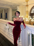 Stetnode Classy Sheath Halter Neckline Burgundy Velvet Prom Dresses Birthday Outfits Evening Gown SD898