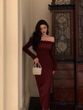 Stetnode Classy Sheath Off The Shoulder Burgundy Long Sleeves Prom Dresses Birthday Outfits Evening Gown SD899