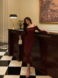 Stetnode Classy Sheath Off The Shoulder Burgundy Long Sleeves Prom Dresses Birthday Outfits Evening Gown SD899