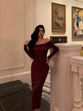 Stetnode Classy Sheath Off The Shoulder Burgundy Long Sleeves Prom Dresses Birthday Outfits Evening Gown SD899