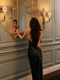 Stetnode Classy Sheath Spaghetti Straps Dark Green Satin Prom Dresses Birthday Outfits Evening Gown SD902