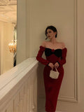 Stetnode Classy French Sheath Long Sleeves Red Prom Dresses Birthday Outfits Evening Gown SD914