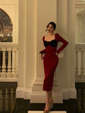 Stetnode Classy French Sheath Long Sleeves Red Prom Dresses Birthday Outfits Evening Gown SD914