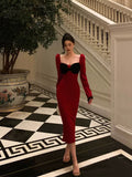 Stetnode Classy French Sheath Long Sleeves Red Prom Dresses Birthday Outfits Evening Gown SD914