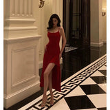 Stetnode Simple High Low Spaghetti Straps Red Prom Dresses Birthday Outfits Evening Gown SD917