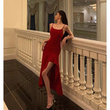 Stetnode Simple High Low Spaghetti Straps Red Prom Dresses Birthday Outfits Evening Gown SD917