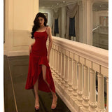 Stetnode Simple High Low Spaghetti Straps Red Prom Dresses Birthday Outfits Evening Gown SD917