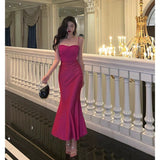 Stetnode Sexy Sheath Spaghetti Straps Hot Pink Satin Prom Dresses Birthday Outfits Evening Gown SD918