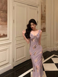 Stetnode Sexy Sheath V neckline Lilac Floral Satin Prom Dresses Birthday Outfits Evening Gown SD919