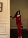 Stetnode Classy Sheath Sweetheart Red Ruffles Velvet Prom Dresses Birthday Outfits Evening Gown SD920