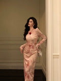 Stetnode Sexy A Line Square Neckline Long Sleeves Pink Floral Prom Dresses Birthday Outfits Evening Gown SD921