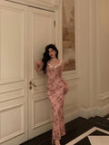 Stetnode Sexy Sheath Straps Pink Floral Prom Dresses Long Birthday Outfits Evening Gown SD928