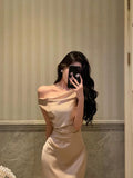 Stetnode Sexy Mermaid One Shoulder Satin Champagne Prom Dresses Long Birthday Outfits Evening Gown SD934