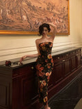 Stetnode Sexy Sheath Strapless Black Floral Prom Dresses Birthday Outfits Evening Gown SD936