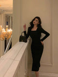 Stetnode Classy Sheath Square Neckline Black Prom Dresses Birthday Outfits Evening Gown SD937